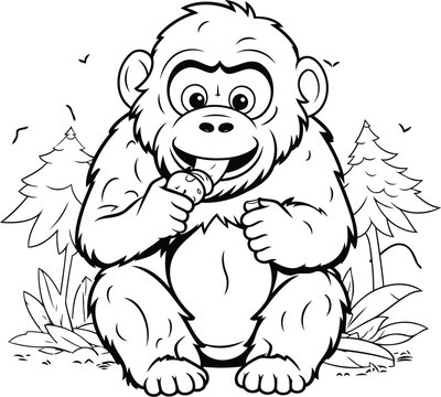 Gorilla Cartoon Mascot Character Vector Illustration for Coloring Book