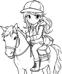 Coloring Page Outline Of a Cute Little Girl Riding a Horse