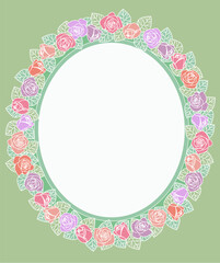 Round wreath made from a branch of roses with green leaves. Greeting card template. Vector illustration