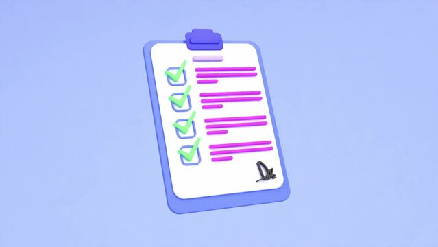 3d animation paper clipboard todo list. to do list with check mark, daily routines checklist animation, 3d paper clipboard animation, 3d priority checklist, 3d daily task checklist animation.