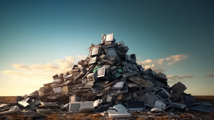 Huge pile of e-waste waiting to be recycled, recycling waste concept helps preserve environment. - obrazy, fototapety, plakaty