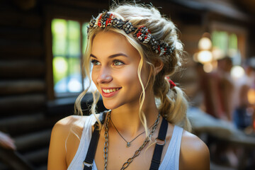 Charming young blonde dancing at a Nordic Midsummer festival, adorned with a floral crown. - obrazy, fototapety, plakaty
