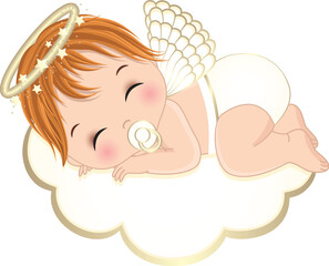 Vector Cute Angel Boy in White Diaper Sleeping on the Cloud