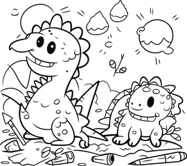Black and White Cartoon Illustration of Dinosaur with Coloring Book for Children