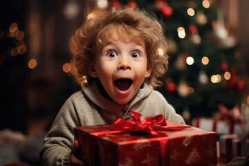 Fototapeta na wymiar Happy surprised boy with gift box near Christmas tree