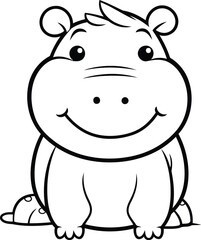 Black and White Cartoon Illustration of Cute Hippo Animal Character