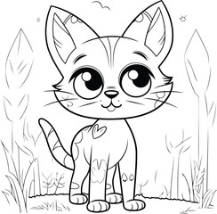 Cute cartoon cat in the grass. Black and white vector illustration.