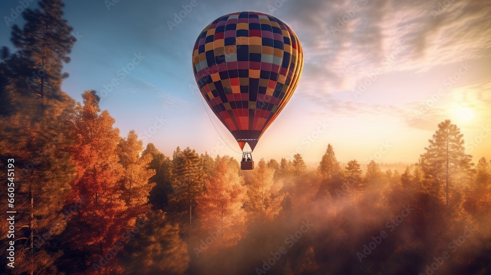 Sticker Colorful hot air balloons flying over the mountain during a misty morning sunrise