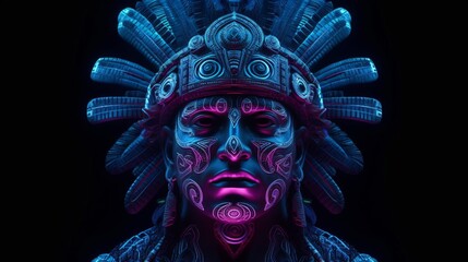symme trical face of mayan warrior 4k Glow Stick Biolum.Generative AI