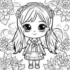 Cute little girl with flowers. Vector illustration for coloring book.