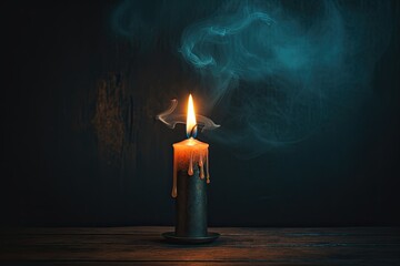 Solitary candle glowing in a dark room. Generative AI - obrazy, fototapety, plakaty