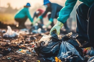 Close-up of gloved hands of volunteers collecting garbage into bags from the ground, in the forest, in the field, in nature. Ecological disaster, problem, pollution of the globe. Environmental protect