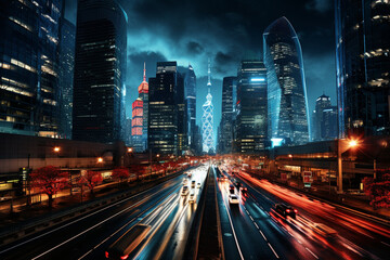 Obraz premium Driving along a bustling urban expressway, the concrete jungle of skyscrapers and billboards flanks a never-ending line of vehicles, creating a mesmerizing perspective of the city' 