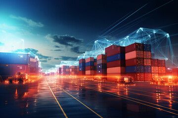 At a next-generation cargo terminal, an array of containers is interconnected by a vibrant matrix of lines, illustrating the seamless communication and coordination of global suppl 