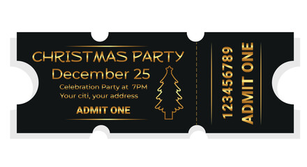 New Year's Eve party ticket template. Ticket design illustration on black background with gold text