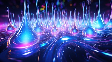 Close up crystal water droplet with illuminated neon background. AI generated image