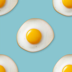 Vector Seamless Pattern with Realistic Fried Egg, Omelet on a Blue Background. Healthy Breakfast, Protein Food, Diet Meal Concept. Design Template