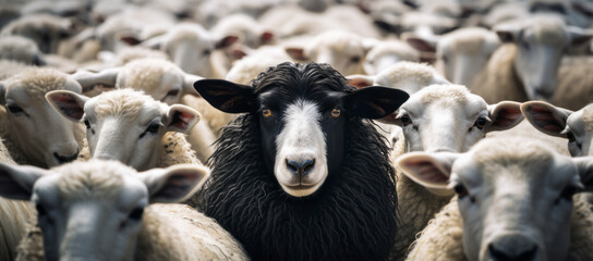 A black sheep among a flock of white sheep, raising head as a leader - Concept of standing out from...