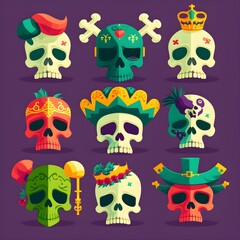 mardi gras voodoo skulls cartoon illustration clean background flat 2D with a sense of design collection 