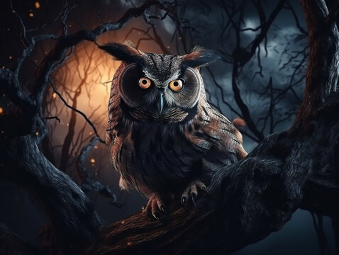A creepy and ominous forest with a lone owl perched on a twisted tree branch.
