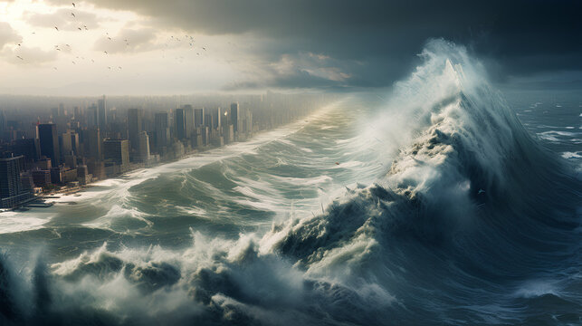 Huge tsunami waves destroy the earth on disaster and climate change concept.
