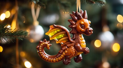Cute toy dragon Christmas tree decoration on Christmas background bokeh