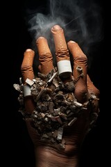 hand depicted as an ashtray with fingers - used cigarettes surrounded by smoke, harm of smoking