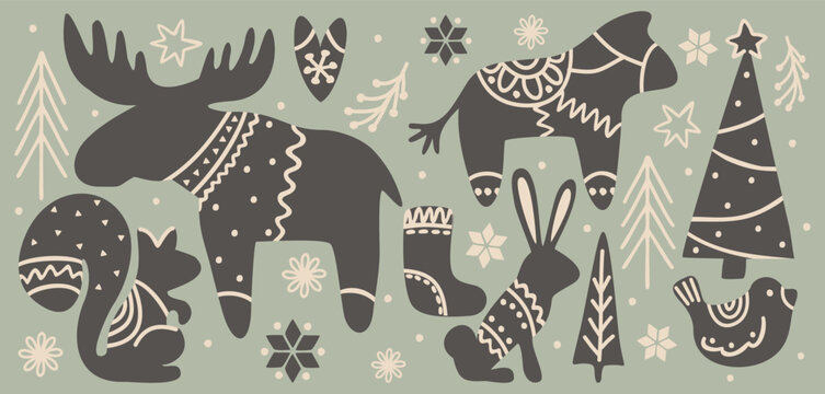 Fototapeta Scandinavian Christmas. Vector set of decorative elements. Animals, trees, snowflakes in scandinavian style.