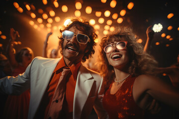 couple dances in disco with retro style of the 70s at theme party with disco ball and party lights