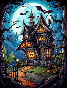kids illustration, bats and funny monsters, old house in the background Halloween created with Generative Ai