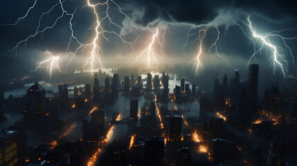 Hurricane and lightning striking the city, lightning strikes in the middle of the city, climate and environmental change concept.