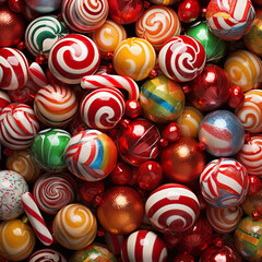 Fototapeta na wymiar Fondo con detalle y textura de multitud de caramelos redondos con decoración de navidad