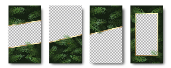 Christmas and New Year Vector Greeting Cards Posters Set. Pine Branches Background with Copy Space Picture Places Winter Holidays Social Networks Decorative Stories Templates Collection