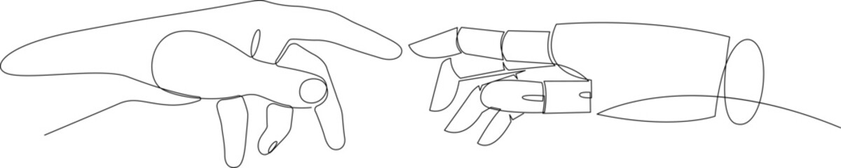 Continuous line drawing of human hand touch robot hand. Artificial intelligence concept outline illustration.