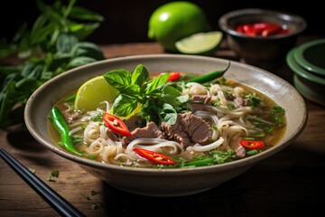 Vietnamese pho bo soup with beef noodles, herbs, and broth in white bowl.