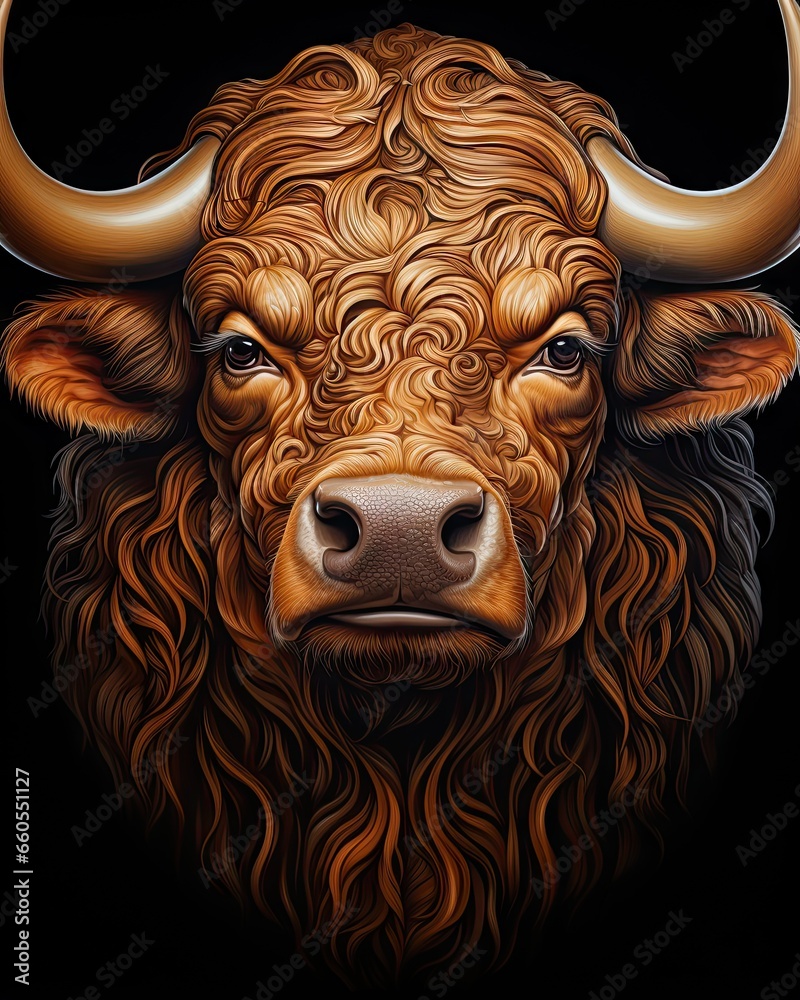 Poster  a painting of a bull with long horns on a black background.  generative ai