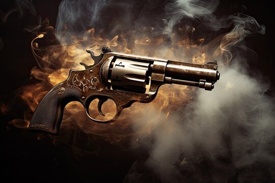 Vintage revolver suspended in mid-air, swirling smoke, dramatic lighting.