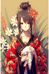 a anime teenage girl agave and echeveria and yucca on background red japanese furisode 