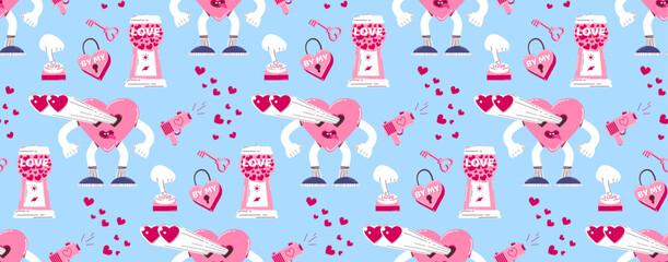 Pattern with a cute, loving heart character, a candy machine, a heart-shaped castle and other elements in a retro cartoon style. Vector background for Valentine's Day.
