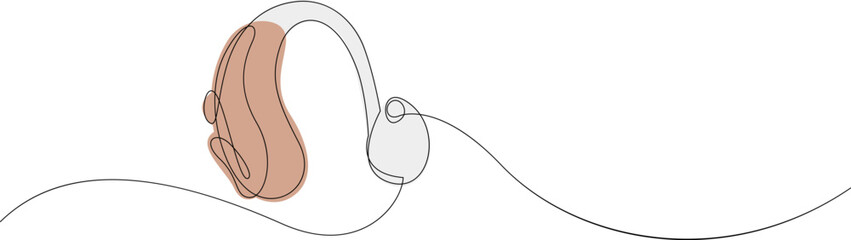 Hearing aid continuous one line drawing. Hearing device single line illustration. International week of the deaf minimalist design poster vector.