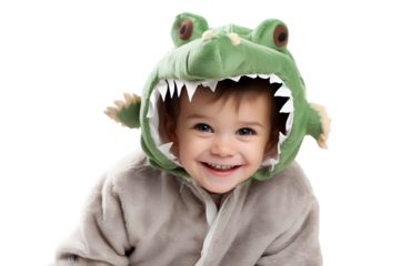 portrait of a little boy dressed in a vibrant green crocodile costume, beaming with a heartwarming smile as he looks directly at the camera. transparent PNG background