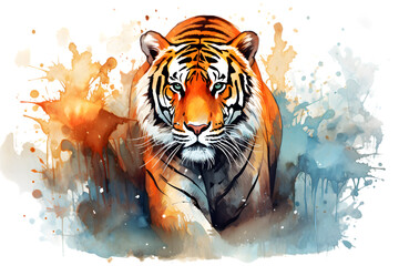 watercolour illustration of a tiger  with splashes of watercolour paint .beauty and grace of a majestic tiger in a dynamic watercolor portrayal.Png .Isolated on white