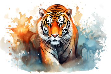 watercolour illustration of a tiger  with splashes of watercolour paint .beauty and grace of a majestic tiger in a dynamic watercolor portrayal.Png .Isolated on white