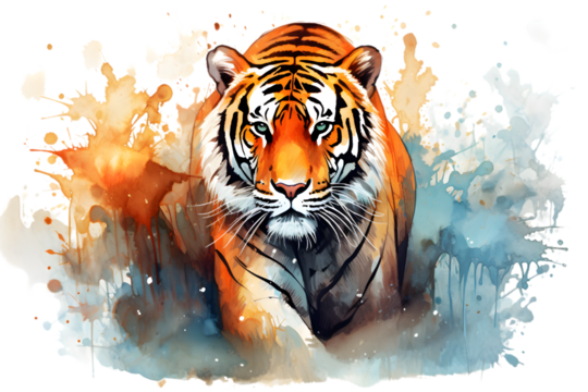 watercolour illustration of a tiger  with splashes of watercolour paint .beauty and grace of a majestic tiger in a dynamic watercolor portrayal.Png .Isolated on white