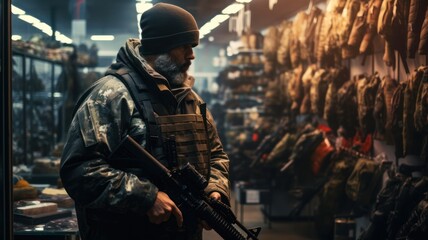 A man shopping for weapons in a gun store for hunting and military protection - obrazy, fototapety, plakaty