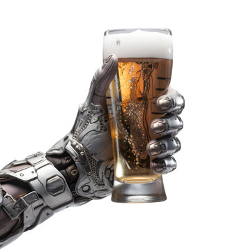 cyborg hand confidently gripping a glass of beer.Hand with pint glass of beer