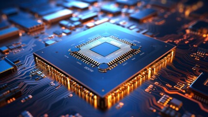 Fototapeta na wymiar Advanced technology in electronics: 3D-rendered AI featuring CPU, chipset, and printed circuit boards with shallow depth of field