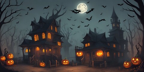 Cemetery on Halloween night with evil pumpkins bats and in the background a haunted castle and the full moon, Halloween Wallpaper 