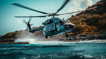 Aerial View of Emergency Water Landing Aircraft and Rescue Helicopter Over Vast Ocean