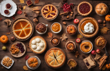 Fototapeta na wymiar Autumn food concept. Selection of pies, appetizers and desserts. Top view table scene over a rustic wood background